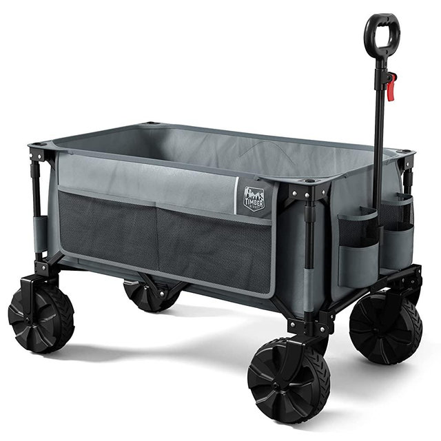 TIMBER RIDGE Outdoor Collapsible Wagon Utility Folding Cart Heavy Duty All Terrain Wheels for Shopping Camping Garden with Side Bag and Cup Holders,Grey