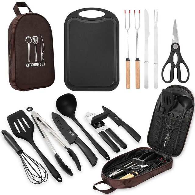 Wesqunie Camping Cookware Cooking Utensils Set - 14Pcs Camping Kitchen Utensils, Portable Outdoor Camping Essentials Accessories, Stainless Steel & Silicone, Camping Gear Equipment for Rv Picnic Gril