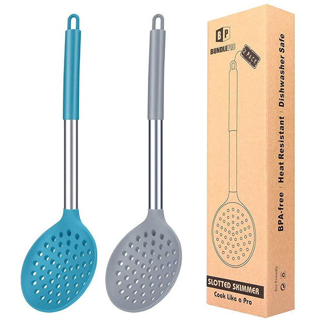 Kitchen Ladle Strainer Set of 2 Large Slotted Spoon with High Heat Resistant BPA Free Non Stick Cooking Skimmers For Draining & Frying (Grey and Teal Blue)
