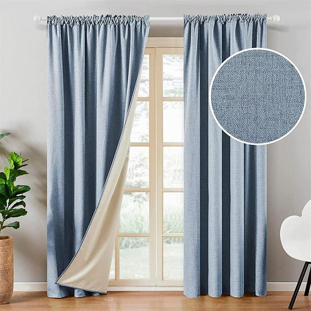 Top Finel 100% Blackout Curtains 84 Inches Long Faux Linen Thermal Insulated Drapes Room Darkening Rod Pocket Window Curtains for Bedroom Living Room, Blue, 2 Panels