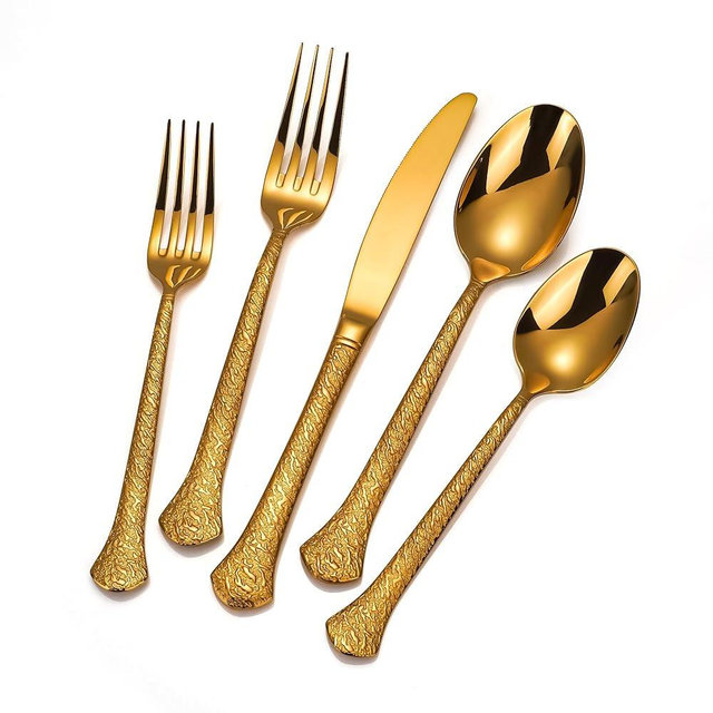 SuperCook 40-Piece Gold Hammered Flatware Set for 8, Durable 18/10 Stainless Steel, Dishwasher Safe, Elegant, Heavy Duty