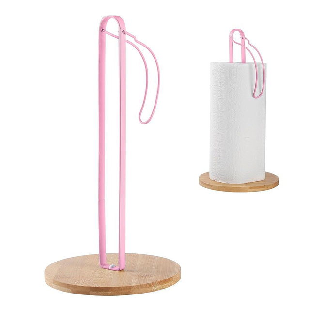 TONLEA Wood Paper Towel Holder with Fixer, Paper Towel Holder Countertop, Kitchen Towel Holder Free-Standing with Fixed or Non-Slip Wooden Base-Pink