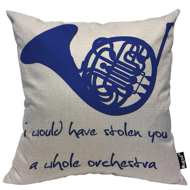Mugod Blue French Horn Throw Pillow Cover I Would Have Stolen You a Whole Orchestra Quote Decorative Pillow Cases Square Cotton Linen Cushion Cover for Home Bed Sofa Couch 18x18 Inch