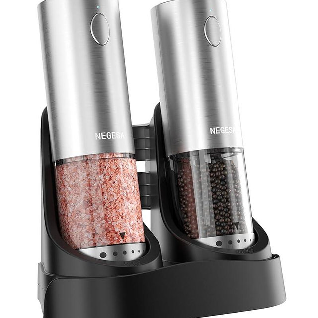 Electric Salt and Pepper Grinder Set with Rechargeable Base - Automatic Refillable Electric Salt and Pepper Shakers with Large Capacity, LED Light & Adjustable Coarseness, Stainless Steel