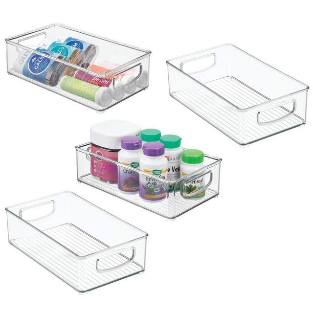 mDesign Stackable Plastic Storage Organizer Container Bin with Handles for Bathroom - Holds Vitamins, Pills, Supplements, Essential Oils, Medical Supplies, First Aid Supplies - 3" High, 4 Pack - Clear