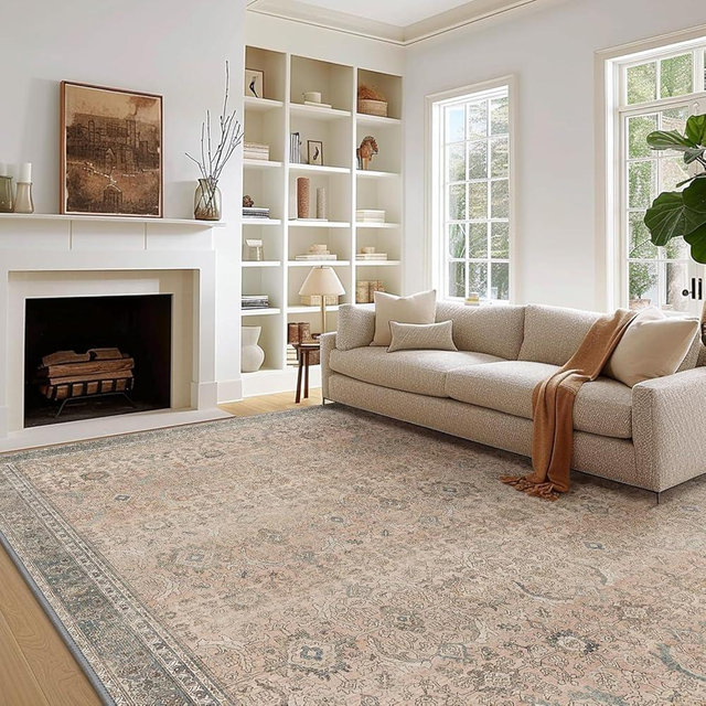 Bavni Area Rug 8x10 Machine Washable Vintage Distressed Print Ultra-Thin Chenille Bedroom Living Room Accent Rug, Low Pile Lightweight Non Slip with Gripper, Retro Wood