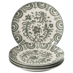 Valencia Flor 4 Piece Salad Plate Set, Mediterranean Floral Decal Design - Fern Green