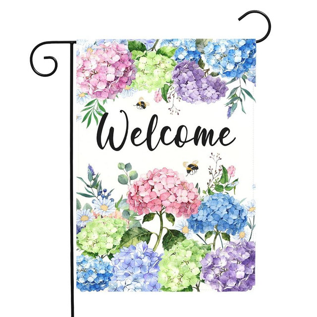 Dacawin Welcome Hydrangea Garden Flag Spring Summer Colorful Floral Yard Flags Watercolor Flowers Bee Design Seasonal Porch Durable Polyester House Banners for Lawn Patio Outdoor Decor 12 x 18 Inch