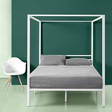 Zinus Patricia White Metal Framed Canopy Four Poster Platform Bed Frame / Strong Steel Mattress Support / No Box Spring Needed, Queen