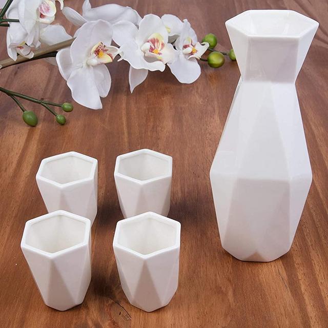 5 Piece Traditional Japanese Sake Set, 1 Tokkuri Bottle and 4 Ochko Cups, White - Unique Custom Modern Design
