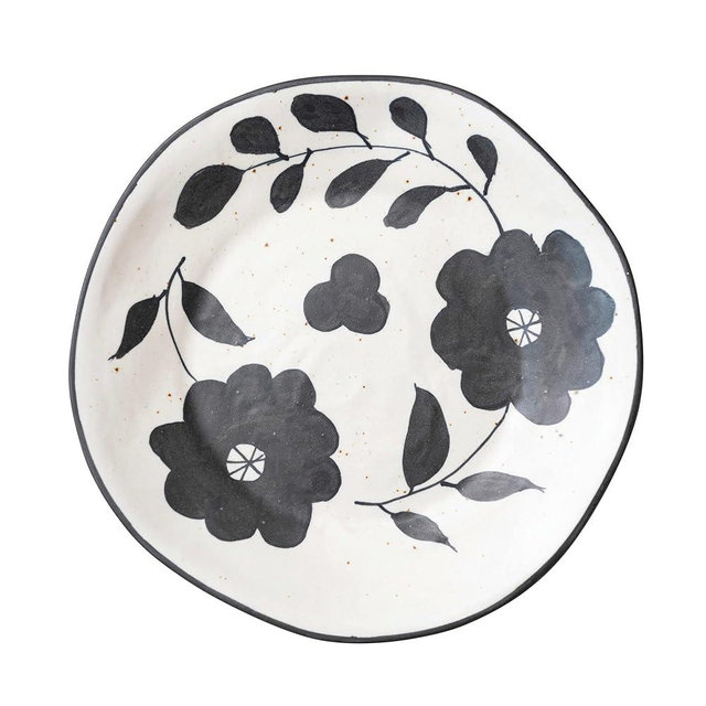 Creative Co-Op Organically Shaped Edge Stoneware Floral Design, Black and White Plate