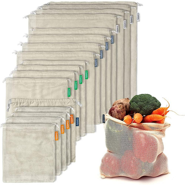 16+1 Reusable Produce Bags Grocery Washable XL, Organic Cotton Mesh Produce Bags, Double-Stitched Vegetable Bags Grocery Reusable, Tare Weight Cotton Produce Bags Reusable Washable Produce bgs 4 sizes