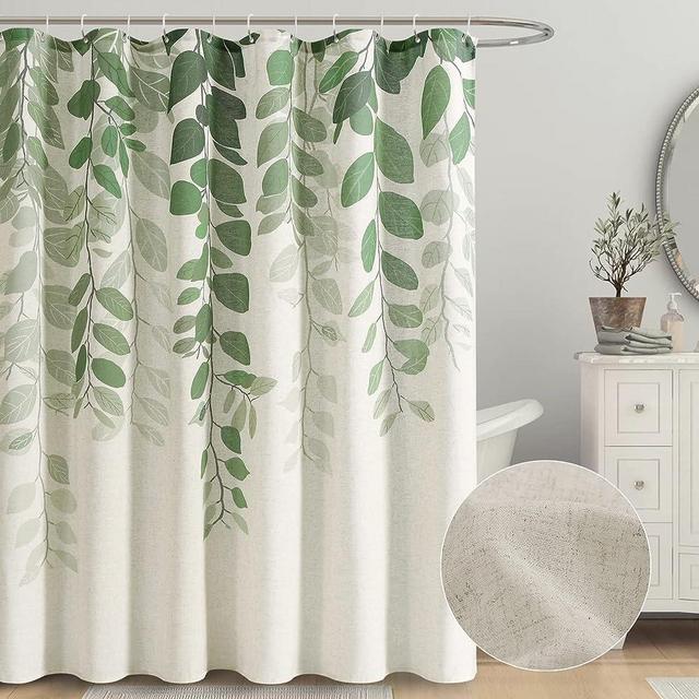 SMABU Green Linen Shower Curtain for Bathroom Nature Spring Summer Themed Sage Green Botanical Plants Leaves Cream Fabric Cloth Shower Curtain Set Boho Chic Modern Farmhouse Bathroom Decor 72x7272