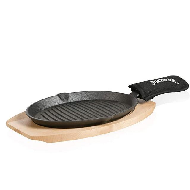 Jim Beam JB0159, Heavy Duty Construction, Pre Seasoned Cast Iron Skillet with Wooden Base and Mitt, Black,Small