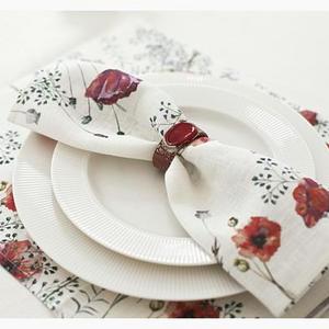 Linen napkin - white poppy pattern - 100% linen - napkins - set of 6
