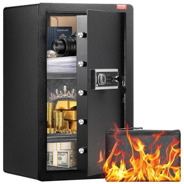 VEVOR Single Door 4.0 cu.ft Safe Box with Key Lock, Password & Fingerprint, Safe Lock Box with Fireproof Bag, Key Rack, LED Light, and 2 Shelves for Money, Documents, Jewelry, and Valuables, Black