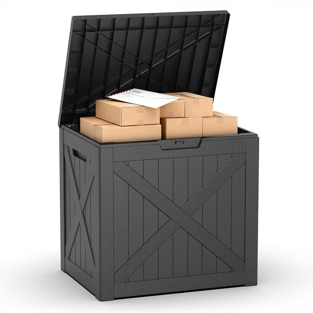 PatioZen 32 Gallon Package Delivery Box, Lockable Outdoor Package Delivery Box with Lid, Waterproof Resin Storage Bench for Patio Furniture, Garden Tools, Cushions, Pool Accessories (Black)