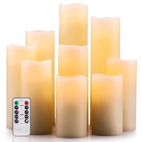 Enpornk Flameless Candles Battery Operated Candles 4" 5" 6" 7" 8" 9" Set of 9 Ivory Real Wax Pillar LED Candles with 10-Key Remote and Cycling 24 Hours Timer