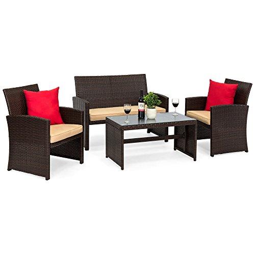 Best Choice Products 4-Piece Wicker Patio Conversation Furniture Set with 4 Seats and Tempered Glass Top Table, Brown