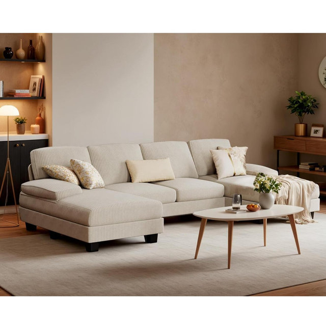 Furniwell Convertible Sectional Sofa Couch, 4 Seat Sofa Set for Living Room U-Shaped Modern Fabric Modular Sofa Sleeper with Double Chaise & Memory Foam (Corduroy, Beige)