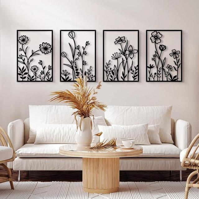 Sokurdeg Black Metal Flowers Wall Decor, Minimalist Floral Wall Hanging Art, Black Abstract Line Wall Art Sculptures for Bedroom Bathroom Living Room (4 Pcs, 12 x 17 in)