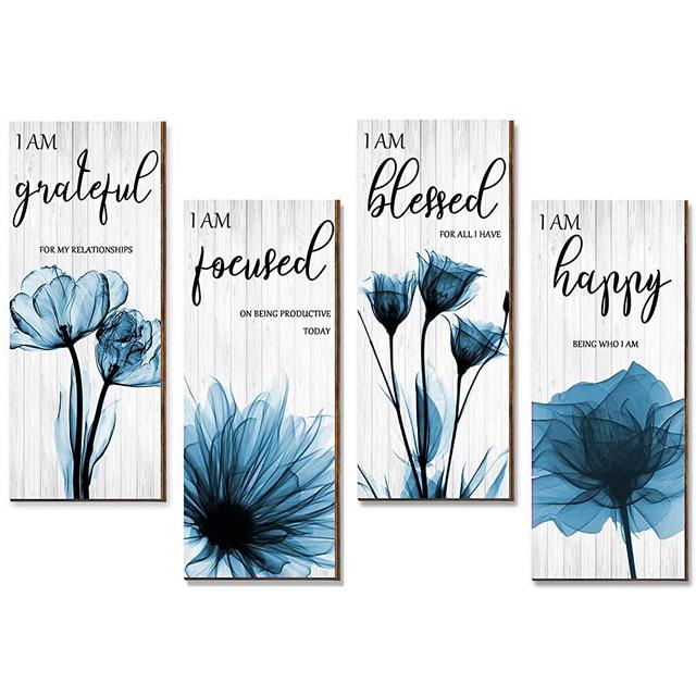 4 Pieces Flower Pictures Wall Decor Living Room Hanging Pictures Wooden Art Wall Decor Wall Art Pictures Thankful Grateful Blessed Home Decoration (Blue)