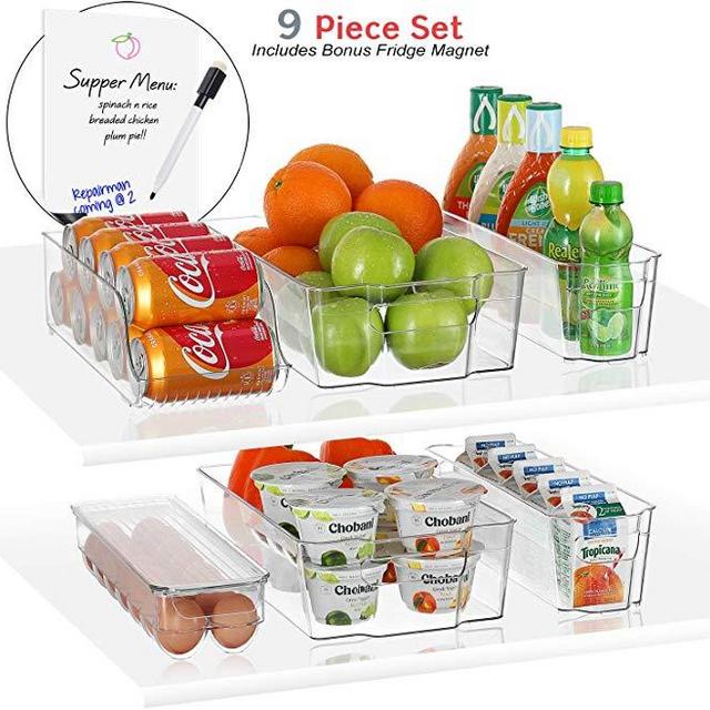 StorageMaid Stackable Storage Refrigerator Organizer Bins for Fridge, Freezer, Pantry and Kitchen. Includes Bonus Magnetic Dry-Erase Whiteboard & Markers (9-Piece Set), Clear