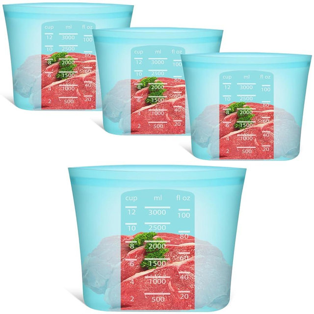 Reusable Food Storage Bags Extra Large, 0.8 Gallon/101 fl.oz/3000 ml, 4 Pack 100% Silicone Food Storage Bags Stand-Up Wide-Mouth Zip-Lock for Large Items, Freezer Microwave Oven Dishwasher Safe, Blue