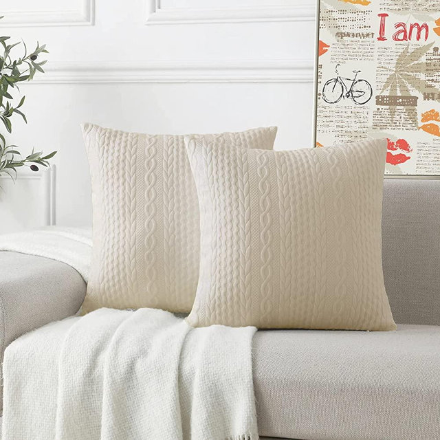 Cikary Decorative Throw Pillow Covers 26x26 Set of 2 for Sofa Bed with Raised Twisted Rope Pattern, Stretchy Embossed Couch Pillow Covers, Beige