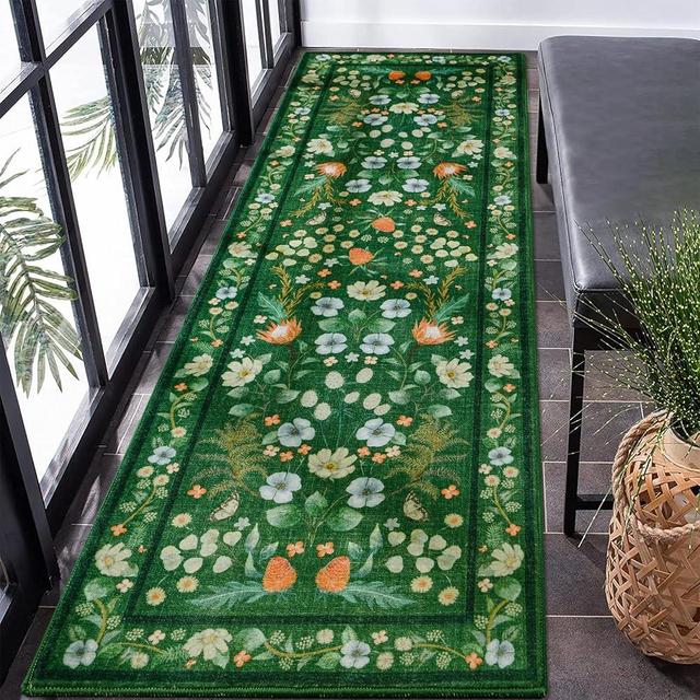 Runner Rug for Bedroom 2x6 Washable Boho Area Rugs Non-Slip Vintage Floral Carpet for Living Room Nursery Dorm Playroom Home Office Dining Room RV,Green