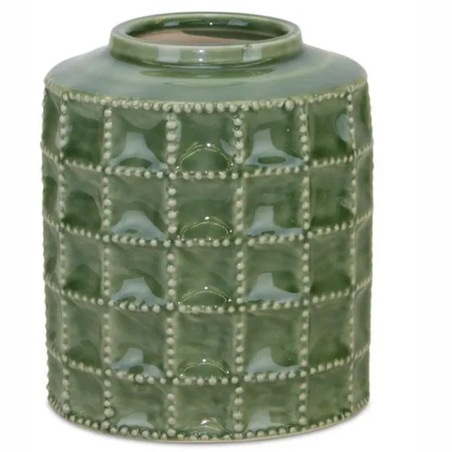 HomeRoots 7" Green Terracotta Geometric Cylinder Table Vase