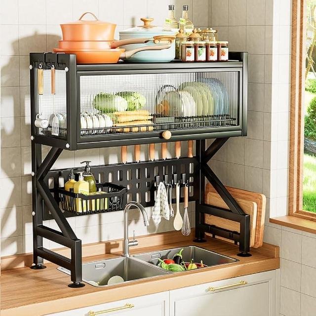 Gdrasuya10 26inch Over Sink Kitchen Dish Drying Rack, Steel Dish Rack with Drainboard Kitchen Countertop Dish Drainer Utensil Holder Detachable Over Sink Cutlery Holder