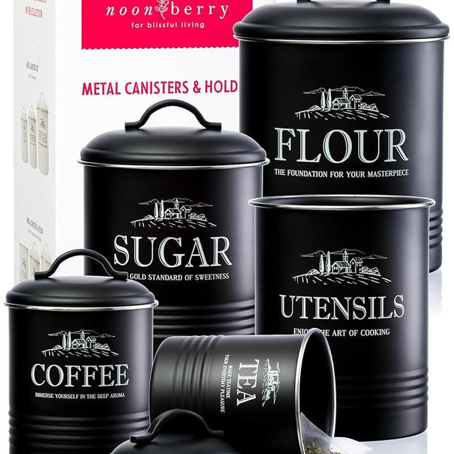 noonberry Canisters for Kitchen Counter, Set of 5 Black Containers, Airtight Coffee Tea Flour Sugar Canisters Sets for the Kitchen Countertop & Kitchen Utensil Holder