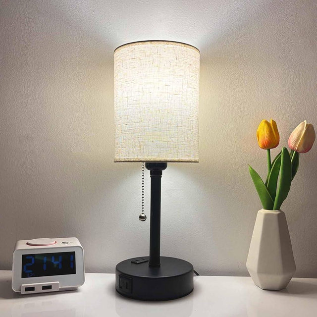 Small Bedside Table Lamp for Nightstand with USB & Outlet, 3 Color, Matte Black (LED Bulb Included)