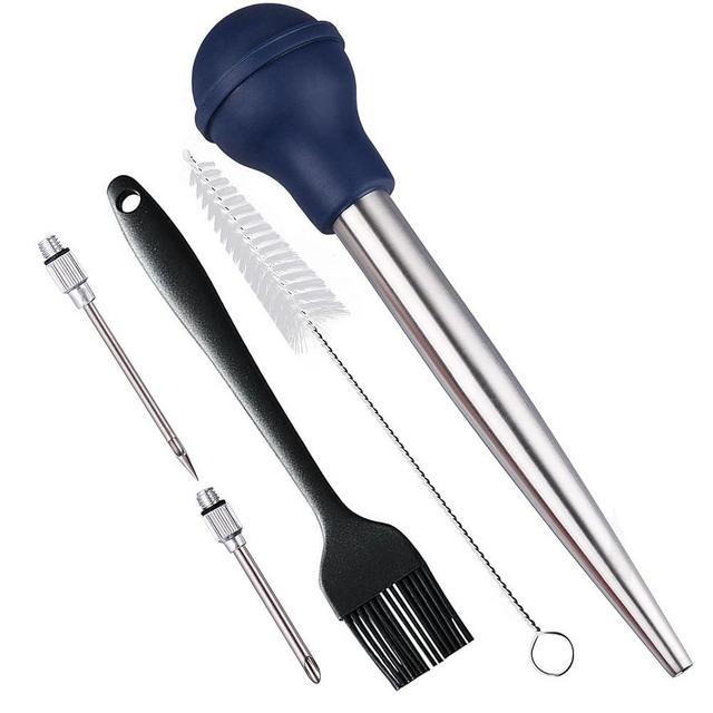 SPUVGVC Turkey Baster, Baster Syringe for Cooking, Stainless Steel Turkey Baster with Silicone Bulb, Baster with Cleaning Brush &BBQ Brush&Marinade Needles, Baster for Home Baking&Kitchen Blue
