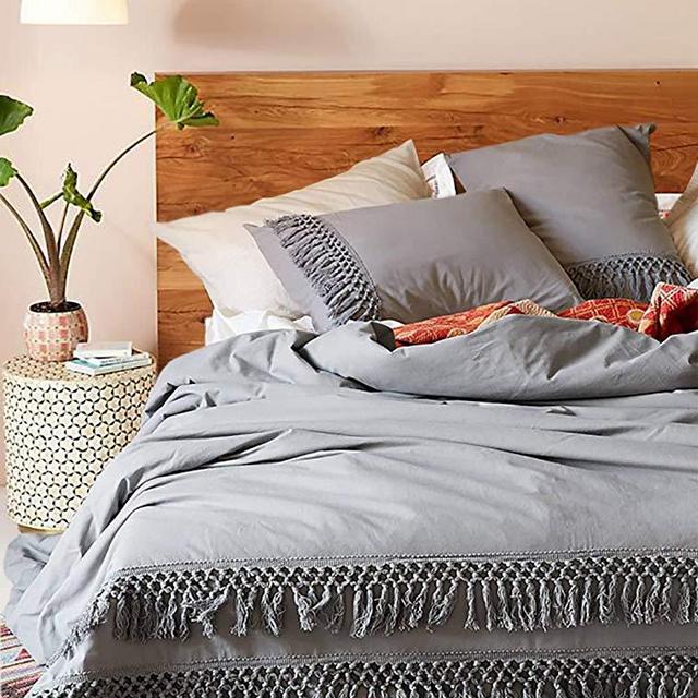 Flber Duvet Cover King Comforter Cotton Tassel Quilt Cover Boho Bedding (Gray 96inL104inW)