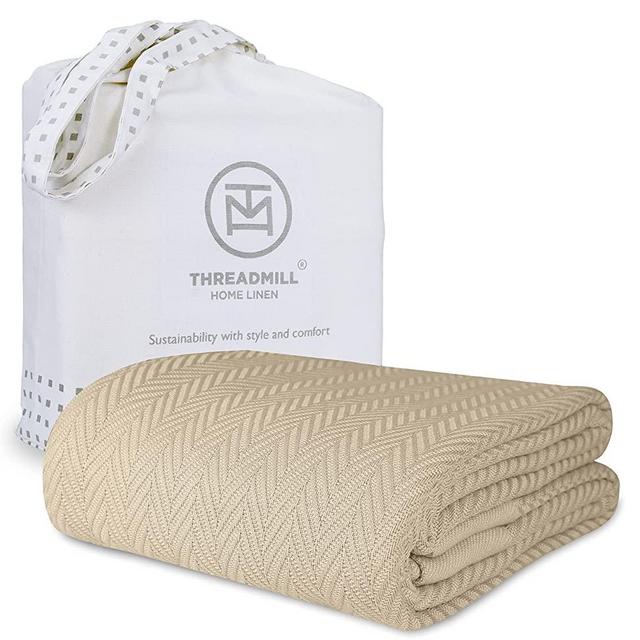 Threadmill 100% Pure Cotton, Queen Size Beige Blanket - Herringbone Pattern, Lightweight, Soft & Cozy Premium Fall Throw Blanket for All Seasons, 350GSM & 90x92 with Free Tote Bag