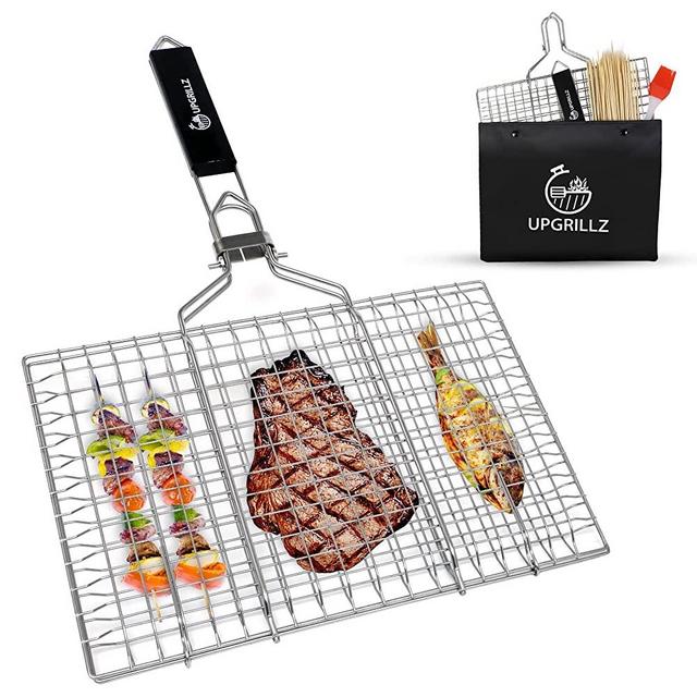 Portable BBQ Fish Grill Basket for Outdoor Grill, Rustproof 430 Stainless Steel with Detachable and Foldable Handle Includes 50 Bamboo skewers, basting Brush, and Carry Bag