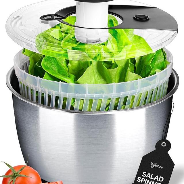 Stainless Steel Pump Salad Spinner Large - Easy Compact Kitchen Tool - Stainless Steel Bowl, Drain & Colander - Lettuce Spinner, Vegetable Dryer, Fruit Washer, Pasta & Fries Produce Strainer - 6.33 Qt