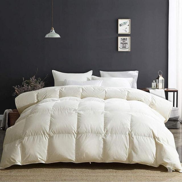 APSMILE Fluffy Heavyweight Feathers Down Comforter Super King, Thick Feathers Down Duvet for Winter Climates/Sleepers -Luxury 100% Organic Cotton, 750 Fill Power Duvet Insert (Ivory White, 120x120)