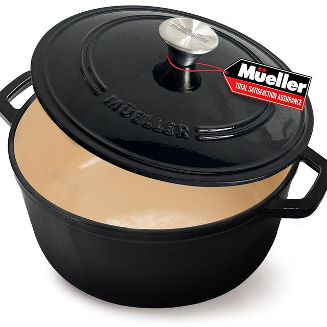 MÜELLERHOME 4.5 QT Enameled Cast Iron Dutch Oven, Heavy-Duty Casserole Dish and Braiser Pan with Lid and Stainless Knob, Safe for All Cooktops, Black