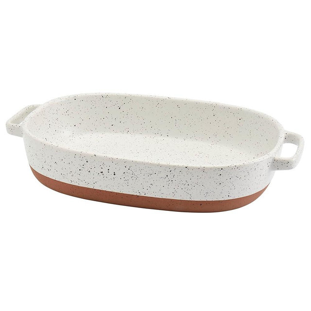 Denmark Tools for Cooks 2.4 Quart Speckled White Oval Stoneware Baking Dish Casserole Pan with Handles