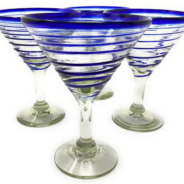 Mexican Hand Blown Glass – Set of 4 Hand Blown Modern Margarita Glasses - Blue Spiral (12 oz)