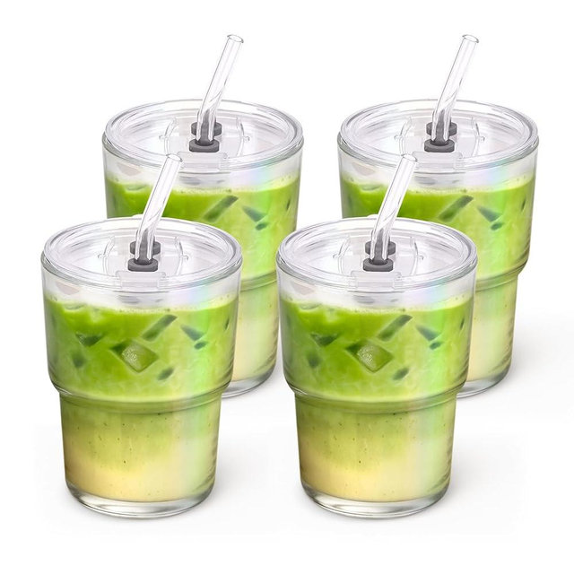 Cafezi 13 oz Glass Tumbler with Glass Straw and Lid, Leak-Proof Reusable Travel Cup for Iced Coffee, Tea, Matcha, Fruit Juice – Thick Wall Clear Water Bottle (Iridescent Shimmer, 4 Pack)