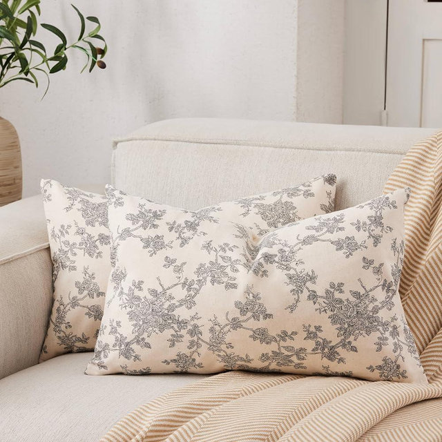 YZJZEDS 100% Cotton French Pastoral Lumbar Throw Pillow Covers Set of 2, 12x20 Inch Black Farmhouse Decorative Cushion Covers for Sofa Bed Living Room Home Decor