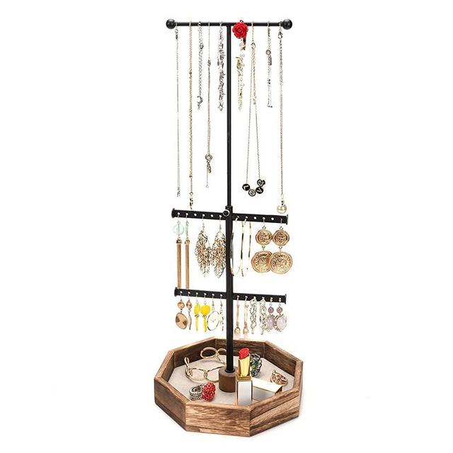 Emfogo Jewelry Organizer Tree Stand Metal and Wood Basic Large Storage Box - 3 Tier Jewelry Stand Display for Necklaces Bracelet Earrings Holder Jewelry Display