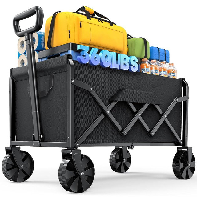 Kitsure Collapsible Wagon with Wheels, Foldable Dog Wagon Carts with 360lbs Load Capacity, Utility Shopping Cart, Black, 28.0" x 17.0" x 36.0"