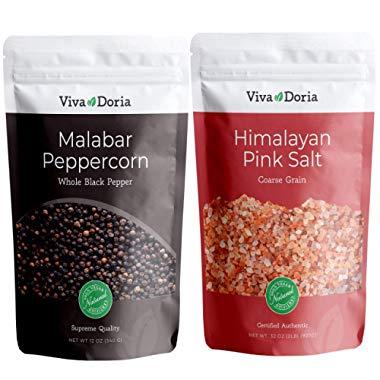 Viva Doria Malabar Peppercorn - Steam Sterilized Whole Black Pepper, 12 Oz Black Peppercorns and Himalayan Pink Salt (Coarse Grain) 2 lb for Grinder Refills