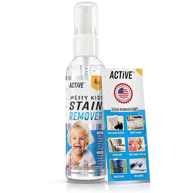 Messy Kids Stain Remover Spray - ACTIVE Laundry Spot Cleaner, Natural Stain Treater Spray for Baby Clothes Fabric, Toddler Clothing, Rescue Mess Removal for Food, Oil Stains, Great for Travel - 4 oz