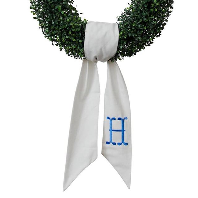 Monogram Wreath Sash for Front Door, White Embroidered Linen Wreath Sash, Porch Accessory for Xmas Party Yard, Wedding, and Boxwood Decoration, Indoor Outdoor Décor - (H)